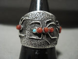 Important Navajo Philander 'Snake Eyes Coral' Turquoise Tufa Casted Native American Jewelry Silver Ring-Nativo Arts