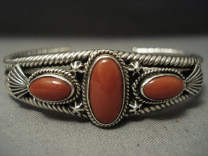Important Navajo Steve Arviso Natural Huge Coral Coil Sterling Native American Jewelry Silver Bracelet-Nativo Arts