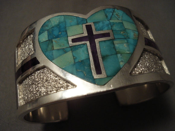 Important Navajo Tommy Moore Natural Turquoise Sugulite Cross Native American Jewelry Silver Bracelet-Nativo Arts