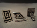 Important Old Navajo Johnny Mike Begay Native American Jewelry Silver Cufflinks & Tie Tac Set-Nativo Arts