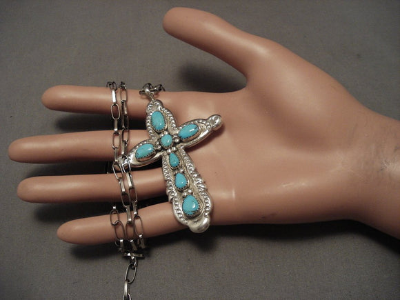 Important Old Zuni Horace Iule Turquoise Native American Jewelry Silver Cross Necklace-Nativo Arts