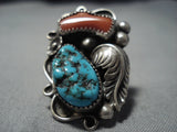 Important Ron Calabaza Native American Jewelry Zuni Turquoise Coral Sterling Silver Leaf Ring Old-Nativo Arts