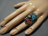 Important Ron Calabaza Native American Jewelry Zuni Turquoise Coral Sterling Silver Leaf Ring Old-Nativo Arts