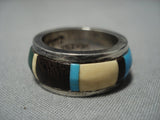 Important Thick!! Vintage Native American Jewelry Zuni Turquoise Sterling Silver Inlay Ring Old-Nativo Arts