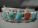 Important Tsosie Family Modernistic Navajo Chunk Coral Turquoise Native American Jewelry Silver Bracelet-Nativo Arts