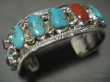 Important Tsosie Family Modernistic Navajo Chunk Coral Turquoise Native American Jewelry Silver Bracelet-Nativo Arts