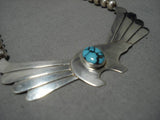 Important Turquoise!! Blue Warrior Vintage Native American Navajo Sterling Silver Wing Necklace-Nativo Arts