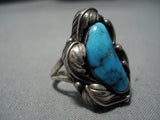 Important Vintage Native American Jewelry Navajo Blue Wind Turquoise Sterling Silver Leaf Ring Old-Nativo Arts
