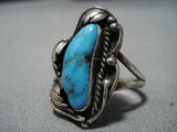 Important Vintage Native American Jewelry Navajo Blue Wind Turquoise Sterling Silver Leaf Ring Old-Nativo Arts