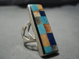 Important Vintage Native American Jewelry Navajo Frank Yellowhorse Turquoise Inlay Sterling Silver Ring-Nativo Arts