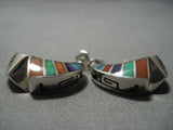 Important Vintage Native American Jewelry Navajo Lonn Parker Turquoise Sterling Silver Inlay Earrings-Nativo Arts