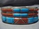Important Vintage Native American Jewelry Navajo Turquoise Coral Sterling Silver Inlay Bracelet Old-Nativo Arts