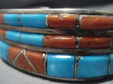 Important Vintage Native American Jewelry Navajo Turquoise Coral Sterling Silver Inlay Bracelet Old-Nativo Arts