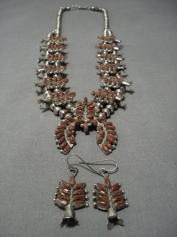 Important Vintage Native American Jewelry Zuni Coral Sterling Silver Squash Blossom Necklace Old-Nativo Arts