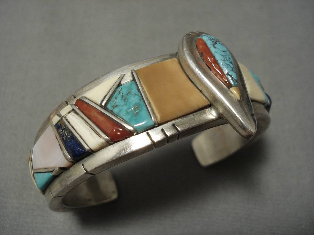 Important Vintage Native American Navajo David Tune Turquoise Sterling  Silver Inlay Bracelet