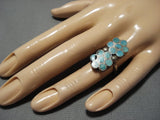 Important Vintage Native American Zuni Sterling Silver Dishta Turquoise Inlay Ring Old-Nativo Arts