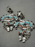Important Vintage Native American Zuni Turquoise Sterling Silver Eagle Dancer Earrings Old-Nativo Arts