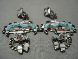 Important Vintage Native American Zuni Turquoise Sterling Silver Eagle Dancer Earrings Old-Nativo Arts