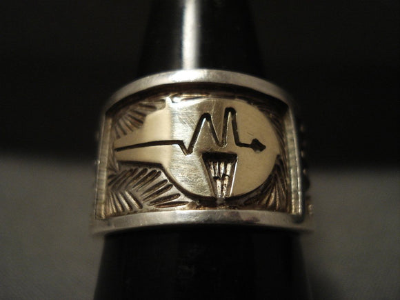 Important Vintage Navajo Arlend Ben Real 14k Gold And Native American Jewelry Silver Ring-Nativo Arts