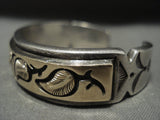 Important Vintage Navajo Curtis Pete Heavy Real 14k Gold Leaf Native American Jewelry Silver Bracelet-Nativo Arts