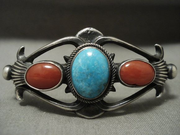 Important Vintage Navajo Domed Turquoise Henry Morgan Coral Native American Jewelry Silver Bracelet-Nativo Arts