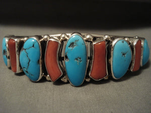 Important Vintage 'Navajo Guild' Turquoise Coral Native American Jewelry Silver Bracelet-Nativo Arts