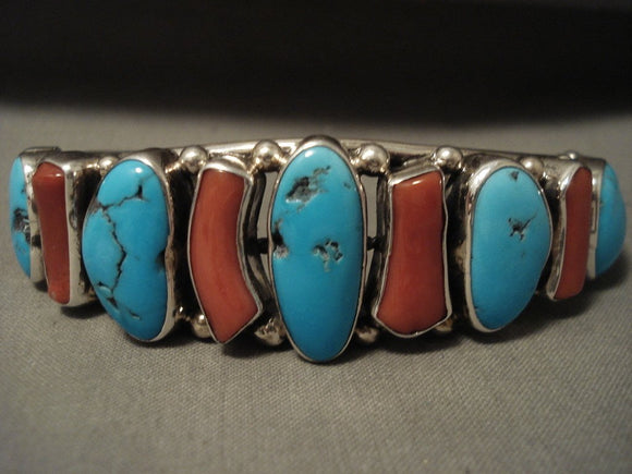 Important Vintage 'Navajo Guild' Turquoise Coral Native American Jewelry Silver Bracelet-Nativo Arts