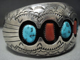 Important!! Vintage Navajo Turquoise Coral Sterling Silver Bracelet Old-Nativo Arts