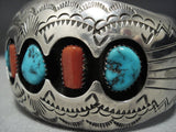 Important!! Vintage Navajo Turquoise Coral Sterling Silver Bracelet Old-Nativo Arts