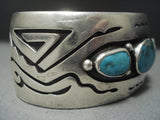 Important Vintage Navajo Turquoise Geometric Sterling Native American Jewelry Silver Bracelet Old-Nativo Arts