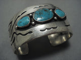 Important Vintage Navajo Turquoise Geometric Sterling Native American Jewelry Silver Bracelet Old-Nativo Arts