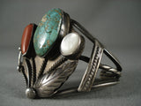 Important Vintage Zuni Natural Green Turquoise Coral Native American Jewelry Silver Bracelet-Nativo Arts