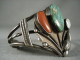 Important Vintage Zuni Natural Green Turquoise Coral Native American Jewelry Silver Bracelet-Nativo Arts