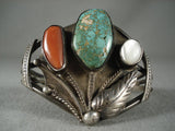 Important Vintage Zuni Natural Green Turquoise Coral Native American Jewelry Silver Bracelet-Nativo Arts