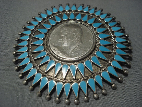 Important Vintage Zuni Turquoise Setrling Native American Jewelry Silver Manta Turquoise Pin-Nativo Arts