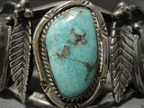 Important Yazzie Vintage Navajo Blue Gem Turquoise Native American Jewelry Silver Leaf Bracelet Old-Nativo Arts
