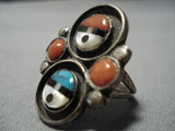 Important Zeno Edaakie Turquoise Coral Vintage Native American Jewelry Zuni Sterling Silver Ring Old-Nativo Arts