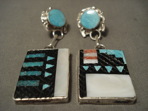 Important Zuni Turquoise Native American Jewelry Silver Onyx Sterling Earrings-Nativo Arts
