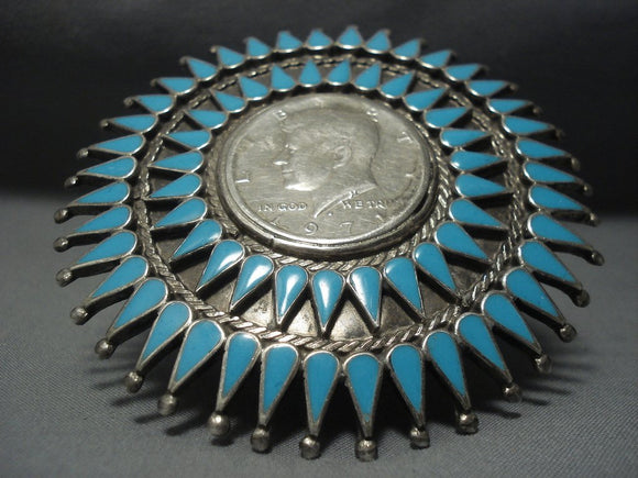 Important Zuni Vintage Turquoise Sterling Native American Jewelry Silver Manta Pin!-Nativo Arts