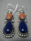 Impressive Jeanette Dale Native American Navajo Sterling Silver Coral Lapis Earrings-Nativo Arts