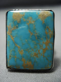 Impressive Vintage Native American Jewelry Navajo Sterling Silver Squared Turquoise Ring Old-Nativo Arts