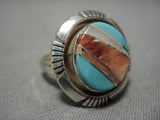 Impressive Vintage Native American Navajo Sterling Silver Turquoise Inlay Ring Old-Nativo Arts