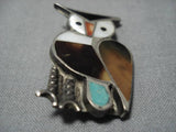 Impressive Vintage Native American Zuni Owl Turquoise Inlay Sterling Silver Pin Old-Nativo Arts