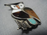 Impressive Vintage Native American Zuni Owl Turquoise Inlay Sterling Silver Pin Old-Nativo Arts