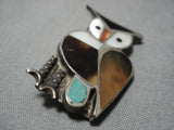 Impressive Vintage Native American Zuni Owl Turquoise Inlay Sterling Silver Pin Old-Nativo Arts