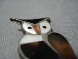 Impressive Vintage Native American Zuni Owl Turquoise Inlay Sterling Silver Pin Old-Nativo Arts