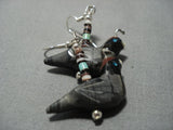 Incredible Detail Vintage Native American Jewelry Navajo Turquoise Sterling Silver Bird Fetish Earrings-Nativo Arts