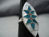 Incredible Intricacy! Vintage Native American Jewelry Zuni Sterling Silver Turquoise Coral Inlat Ring-Nativo Arts