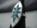 Incredible Intricacy! Vintage Native American Jewelry Zuni Sterling Silver Turquoise Coral Inlat Ring-Nativo Arts