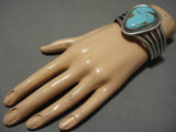 Incredible Leo Nezzie Vintage Native American Navajo #8 Turquoise Sterling Silver Bracelet Old-Nativo Arts